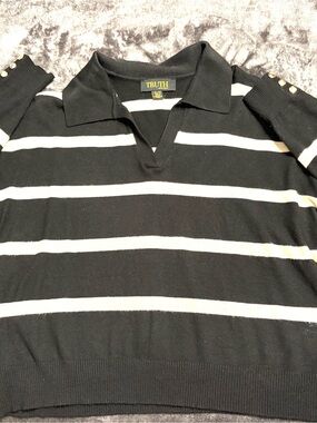 Truth Black and White Striped Polo Sweater with Button Cuffs